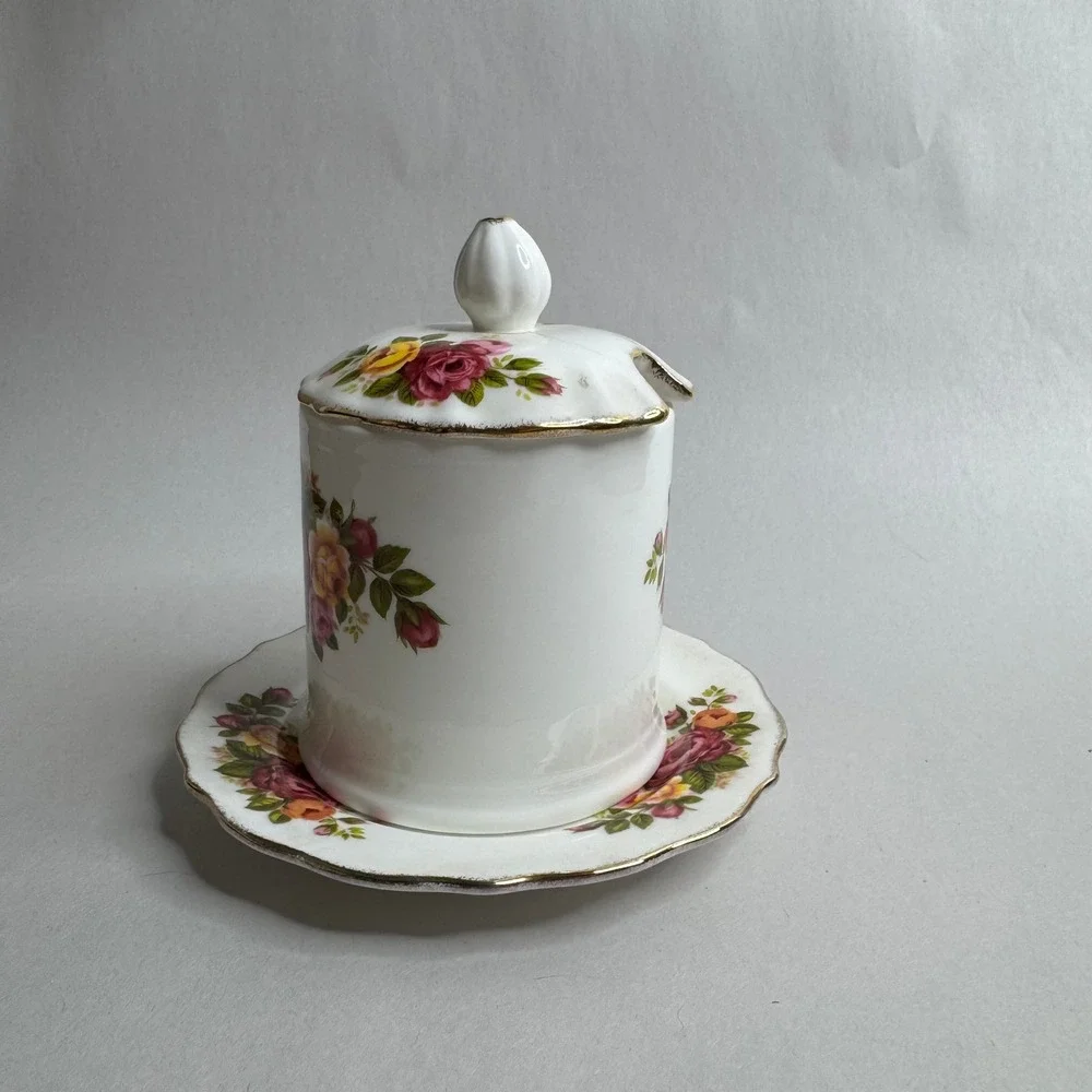 Cottage‎ Rose Fine Bone China Jam Honey Pot with Lid and Saucer Floral Taiwan